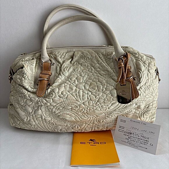 Etro Milano rare Quilted Beige Handbag Leather Trim 1B896-2198 Authentic - Picture 3 of 16